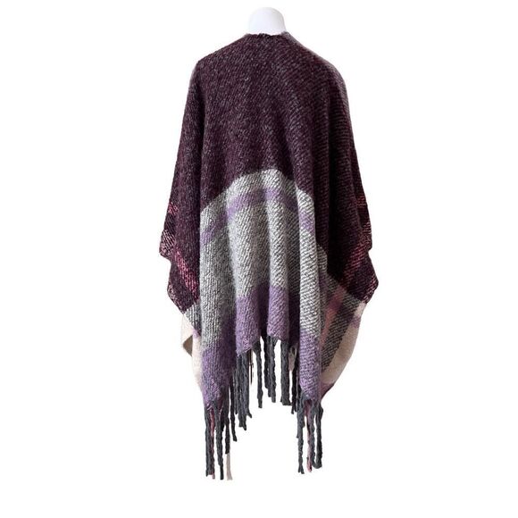Aleissa Pink Soft Fringed Shawl Poncho Cape One Size Bohemian Clueless Plaid - Picture 2 of 8